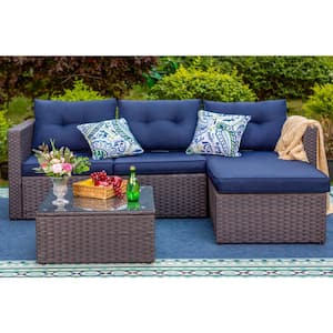 Black Rattan Wicker 3 Seat 3-Piece Steel Outdoor Patio Sectional Set with Blue Cushions and Coffee Table