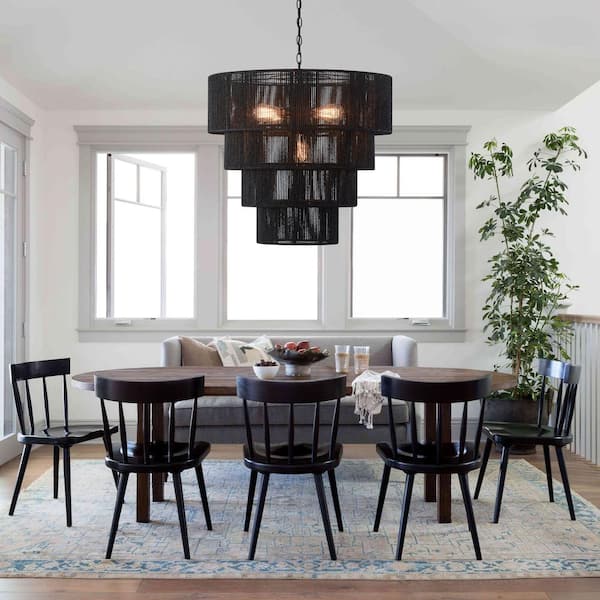 5-Light Black Oversize 4-Tiered Pendant Light with Rattan Shade