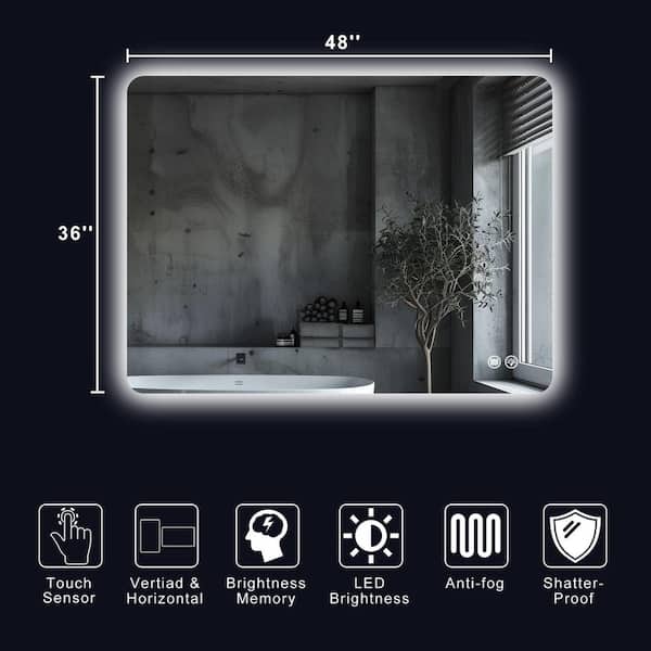 36 in. W x 48 in. H Rectangular Frameless LED Adjustable Backlit Anti-Fog Wall Mirror Bathroom Vanity Mirror
