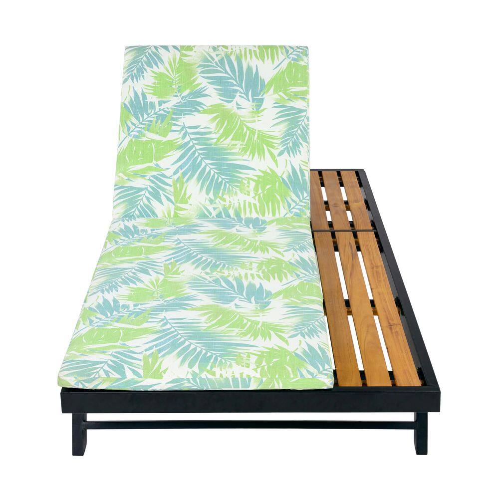 Camilla Black Metal Adjustable Patio Outdoor Chaise Lounge with Green Leaf Cushions, Wood Side Storage Surface
