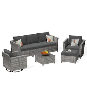 Bexley Gray 7-Piece Wicker Patio Conversation Seating Set with Black Cushions and Swivel Chairs