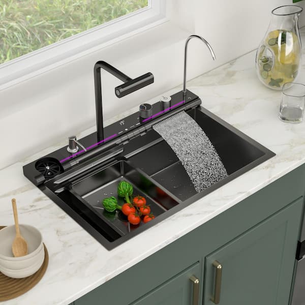 30 in. Drop-In Single Bowl 16-Gauge Gunmetal Black Stainless Steel Workstation Kitchen Sink with Pull-Out Faucet