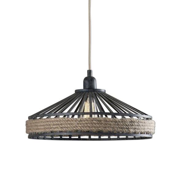 Home Decorators Collection 1-Light Textured Black and Rust Natural Rope Pendant