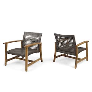 Hampton Teak Brown Wood and Mixed Brown Faux Rattan Armed Outdoor Lounge Chair (2-Pack)