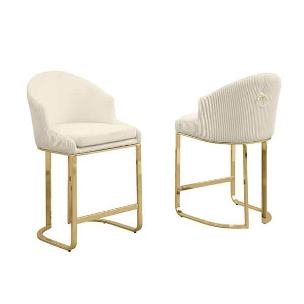 Best Quality Furniture Rodrigo 29 in. Cream Low Back Metal Frame Gold Chrome Iron Legs Bar Stool With Teddy Fabric Set of 2