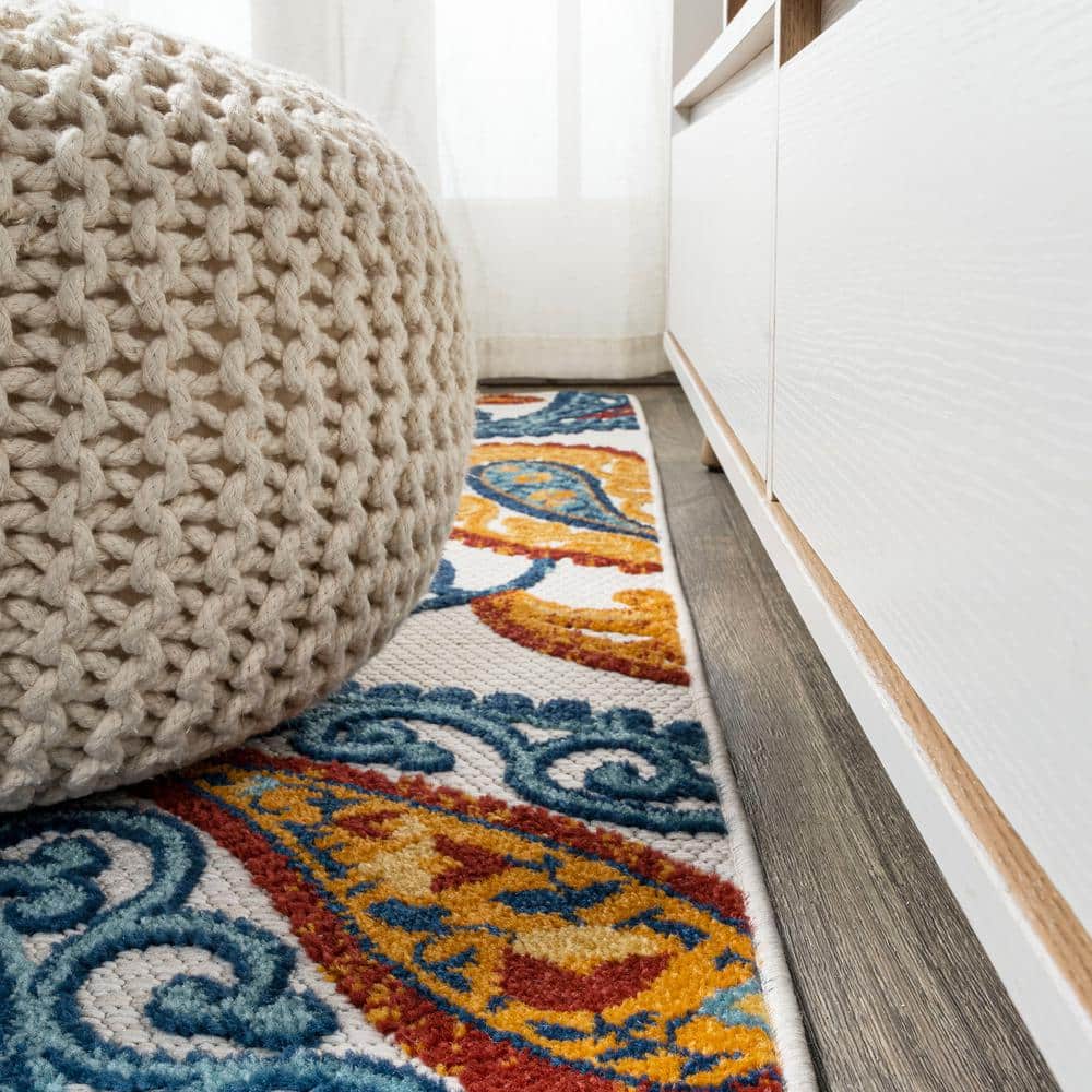Boho Paisley Orange/Blue Synthetic Indoor/Outdoor Area Rug
