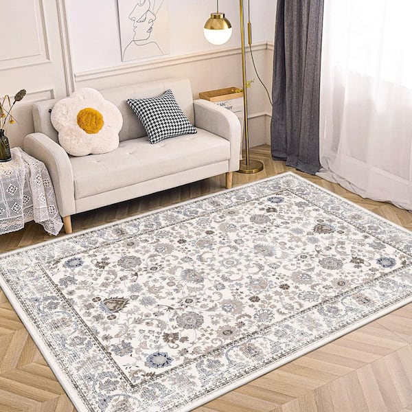 5 ft. x 7 ft. Blue Yellow Floral Washable Area Rug for Bedroom, Dining Room, Living Room