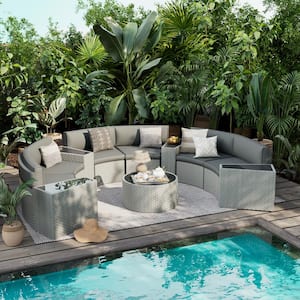 ELPOSUN 6-Person 11-Piece Wicker Curved Half-Moon Patio Conversation Set