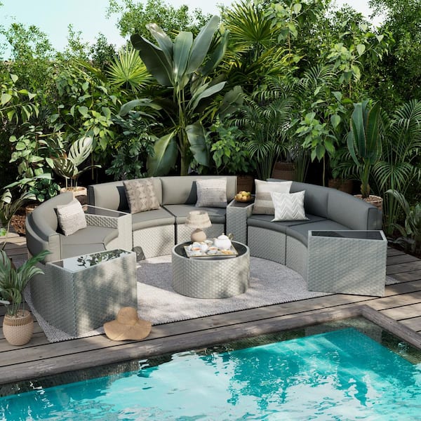 6-Person 11-Piece Fully Assembled Wicker Curved Half-Moon Outdoor Patio Conversation Set with Gray Cushions