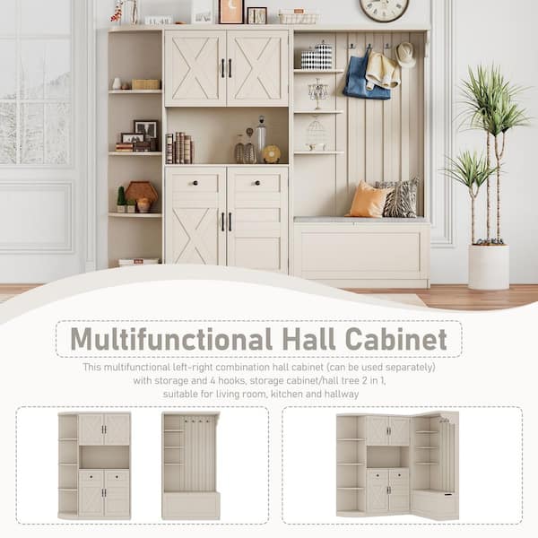 79.1 in. W x 66.1 in. H Detachable Left-Right Combination Hall Cabinet with Storage Bench and 4 hooks, Beige