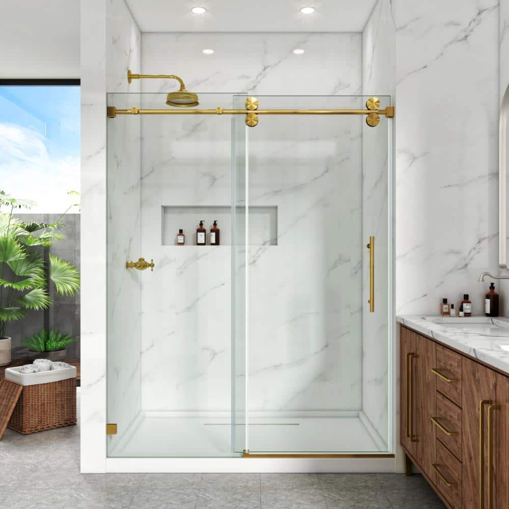 Frameless Shower Door, 46–48.5 in. W x 76 in. H, Single Sliding Door 3/8 in. Clear Tempered Glass, Brushed Gold. price history on PriceWatchPro