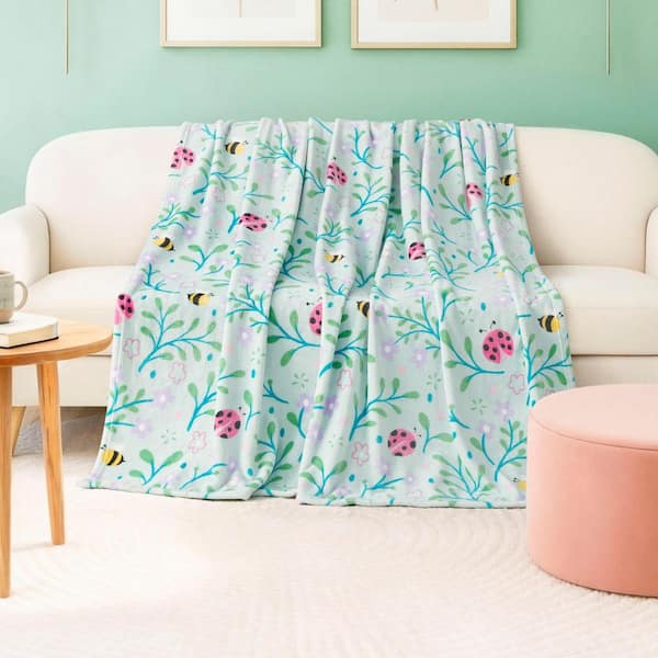 Bees and Lady Bugs Opal Blue Oversized Plush Polyester Throw Blanket