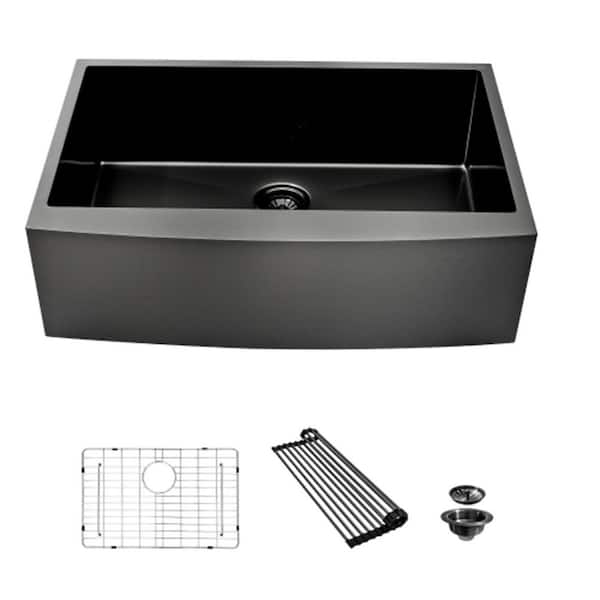 33 in. Apron Front Single Bowl 16 Gauge Stainless Steel Farmhouse Kitchen Sink Basin with Drain in Gunmetal Black
