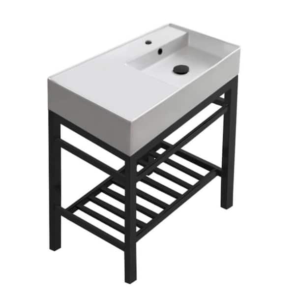 Nameeks Teorema 2 Ceramic White Console Sink and Leg Combo in Matte Black