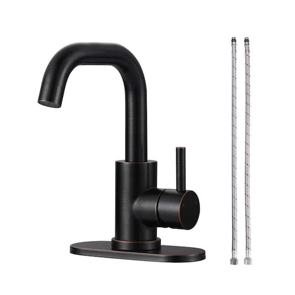 Modern Single Handle Stainless Steel Bar Faucet with Deck Plate and Supply Lines in Oil Rubbed Bronze