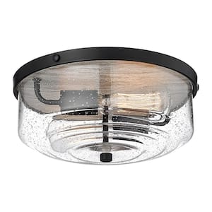 Modern 12 in. 2-Light Black and Grey Wood Grain Farmhouse Flush Mount Ceiling Light with Seeded Glass Shade
