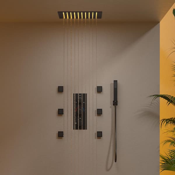 RGB LED 5-Spray Ceiling Mount 12 in. Fixed and Handheld Shower Head 2.5 GPM in Matte Black Thermostatic Valve