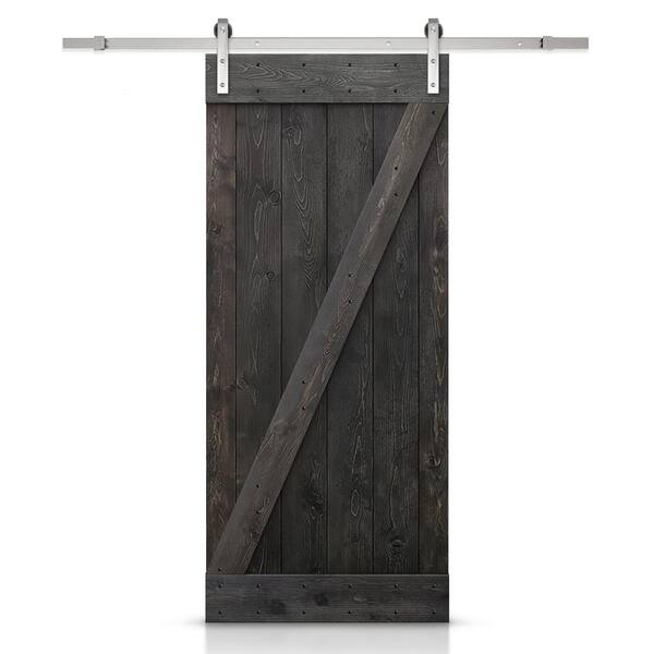 CALHOME 36 in. x 84 in. Z Bar Charcoal Black Stained Solid Knotty Pine Wood Interior Sliding Barn Door with Sliding Hardware Kit