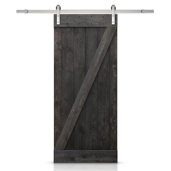 CALHOME Z Bar Series 24 in. x 84 in. Pre-Assembled Charcoal Black Stained Wood Interior Sliding Barn Door with Hardware Kit