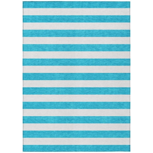 Teal Blue, White 8 ft. x 10 ft. Woven Striped Polyester Rectangle Indoor / Outdoor Area Rug