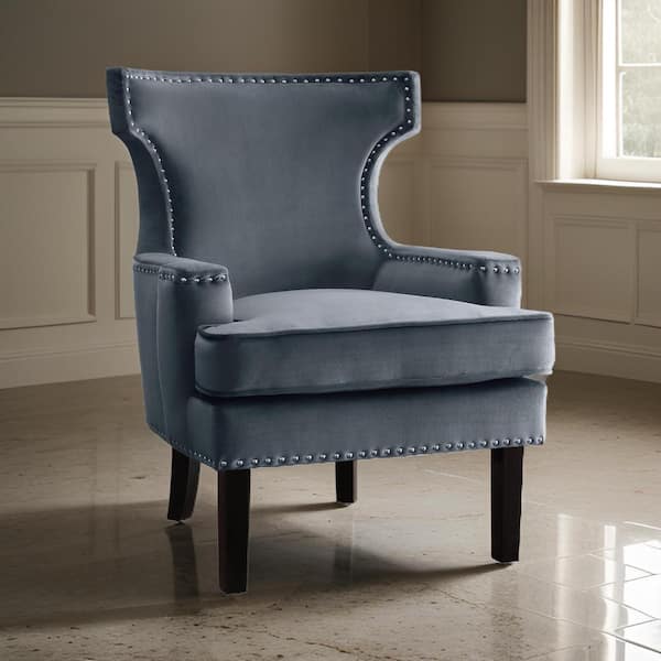 Benjara Gray and Black Velvet Armchair with Wingback Design and Nailhead Trim