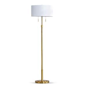 Grande 68 in. Brushed Brass 2-Lights Adjustable Height Standard Floor Lamp with Drum White Shade