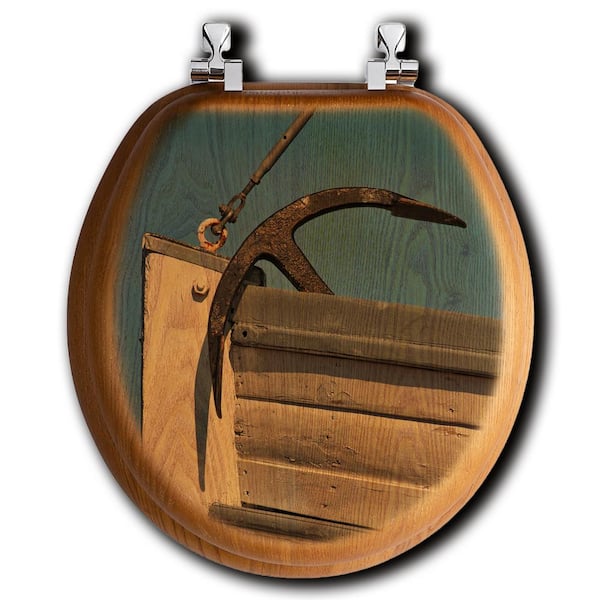 Unbranded Anchors Away Round Closed Front Toilet Seat in Oak Brown