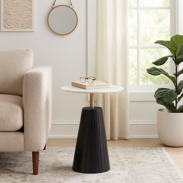 Black 17 in. Round Marble Modern Accent Table with Fluted Base