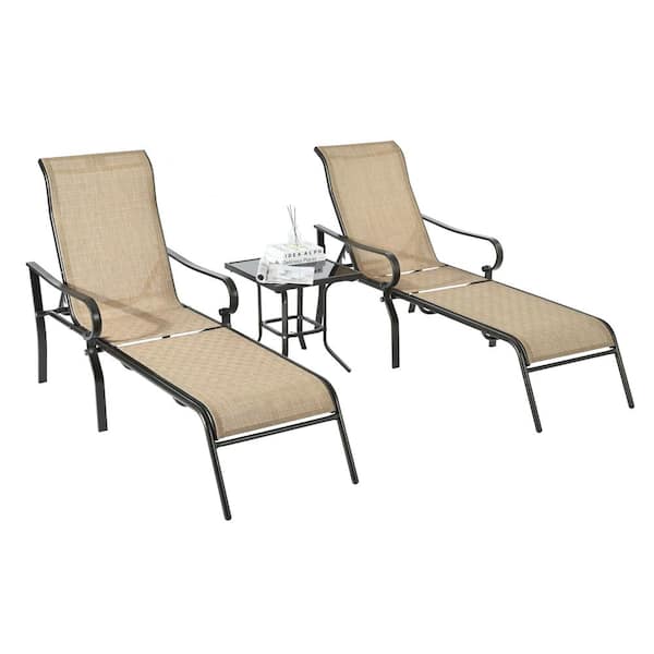 Unbranded 3-Pieces Brown Outdoor Recliner Metal Lounge Chair with 5 Adjustable Backrest and Square Side Table