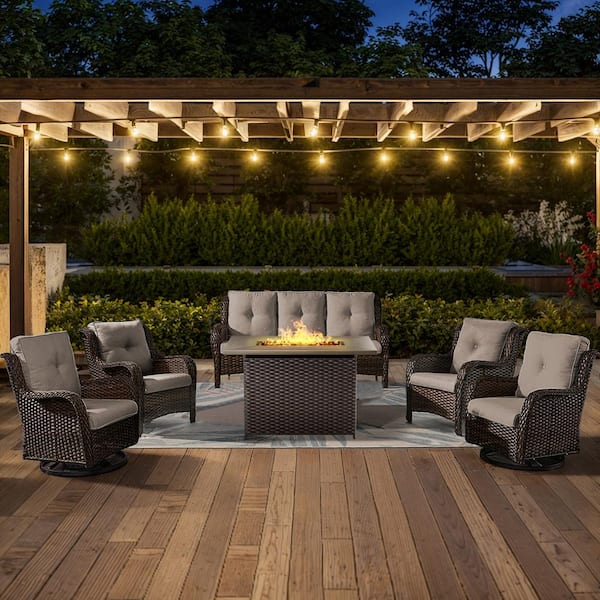 テーブル・チェア・ハンモック BONFIRE GO OUTSIDE Opohoro 6-Piece Brown Wicker Outdoor Patio Rectangular Fire