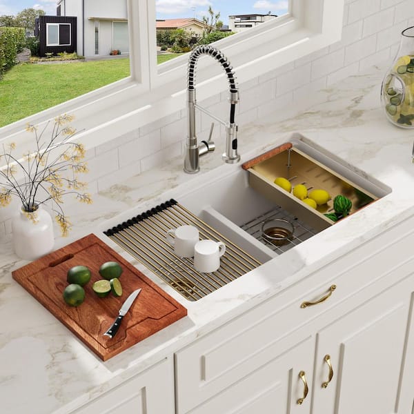 33 in. White Undermount Sink Low Divide 50/50 Double Bowl Quartz/Granite Composite Workstation Kitchen Sink