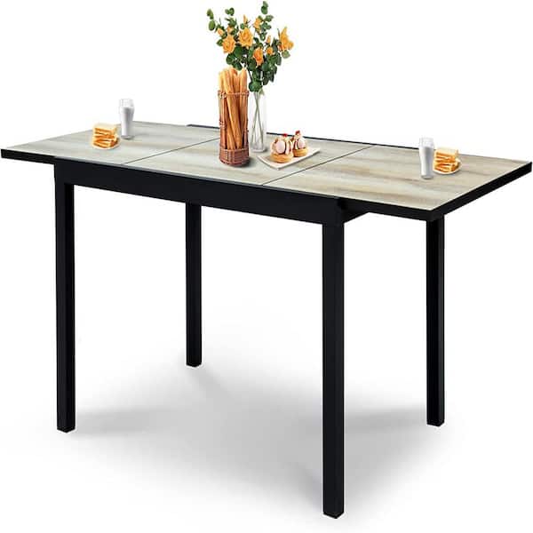Clihome Patio Dining Expandable Table, Metal Outdoor Table for Porch Lawn Garden Bistro, Wood-Like Tabletop