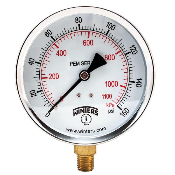 Winters Instruments PEM Series 4 in. Black Steel Case Brass Internals Pressure Gauge with 1/4 in. NPT LM and Range of 0-160 psi/kPa