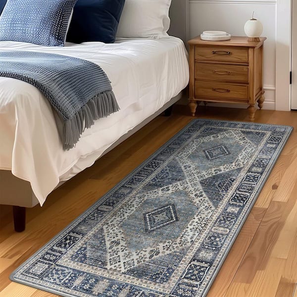 Naiad Machine Washable Blue 2 ft. x 10 ft. Geometric Border Indoor Area Rug