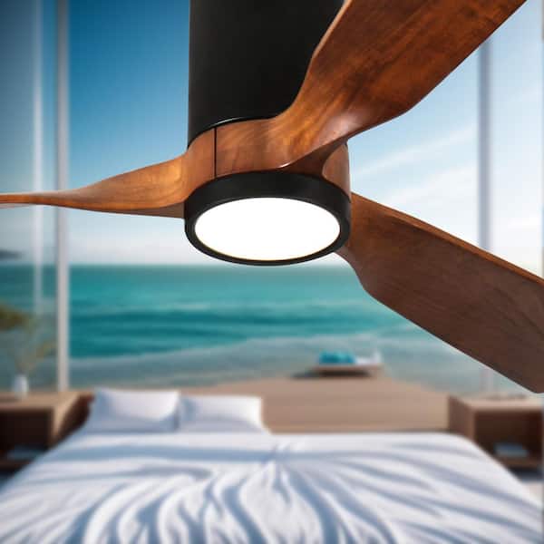 60 in. Indoor Black Hugger Flush mount Ceiling Fan with Solid Wood Blades and Full Spectrum Light and Remote Control