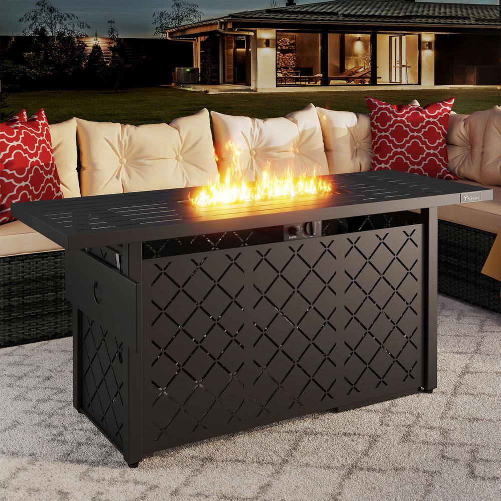 57-Inch Black Iron Gas Fire Pit Table with Lava Rocks