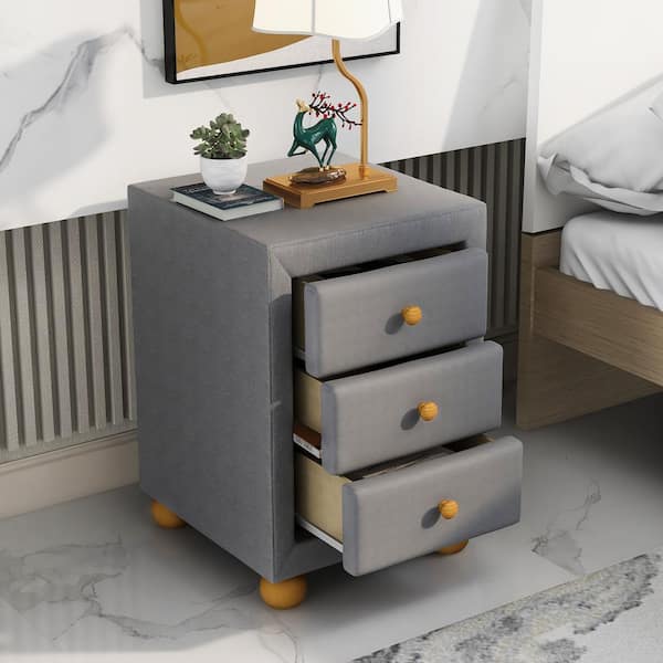 Qualler Dark Gray 3-Drawer Upholstered Storage Nightstand (27 in. H x 17 in. W x 15.7 in. D)