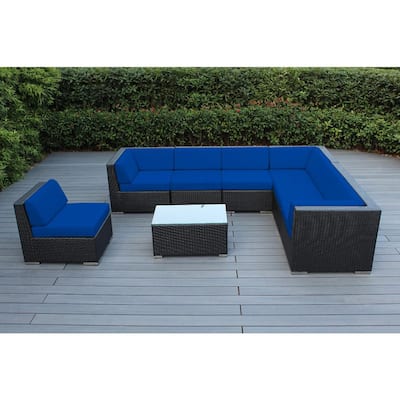 Black 8-Piece Wicker Patio Seating Set with Sunbrella Pacific Blue Cushions