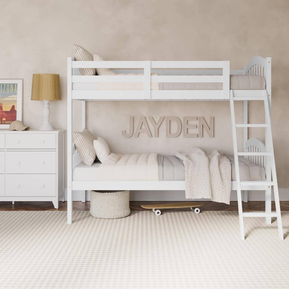 White Twin Mission Wood Bunk Bed with Headboard and Slats