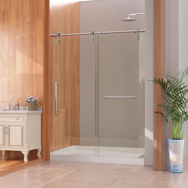56-60 in. W x 76 in. H Frameless Glass Shower Door, Stainless Steel Handle, Noiseless, Waterproof, Shatterproof, Silver