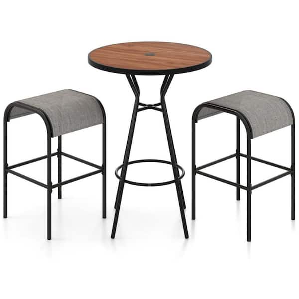 Clihome 3-Piece Metal Outdoor Round Bar Table Set with 1.6 Inches Umbrella Hole