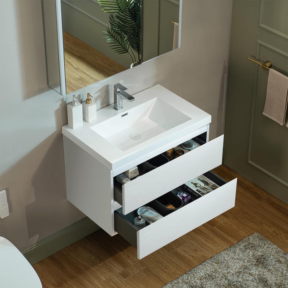 White Composite Floating Vanity with Resin Top and Porcelain Sink