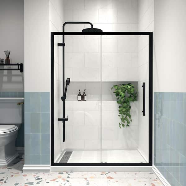 Modern 54 in. W x 72 in. H Sliding Semi-Frameless Shower Door in Matte Black Finish with 1/4 in. (6mm) Clear Glass