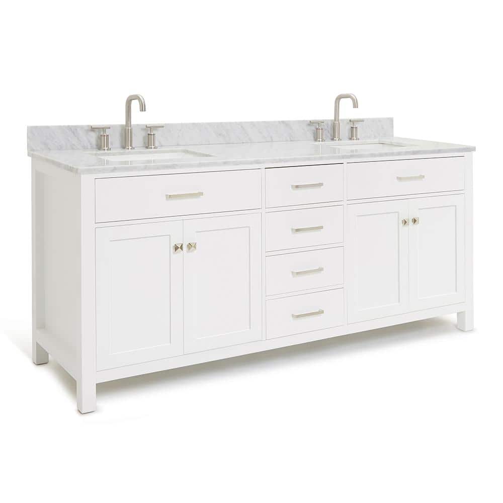 White Marble Top Double Freestanding Vanity with Rectangular Basins