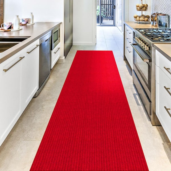 Rubber Backed Runner Rug, 22 x 60 inch, Solid Red, Non Slip, Kitchen Rugs  and Mats
