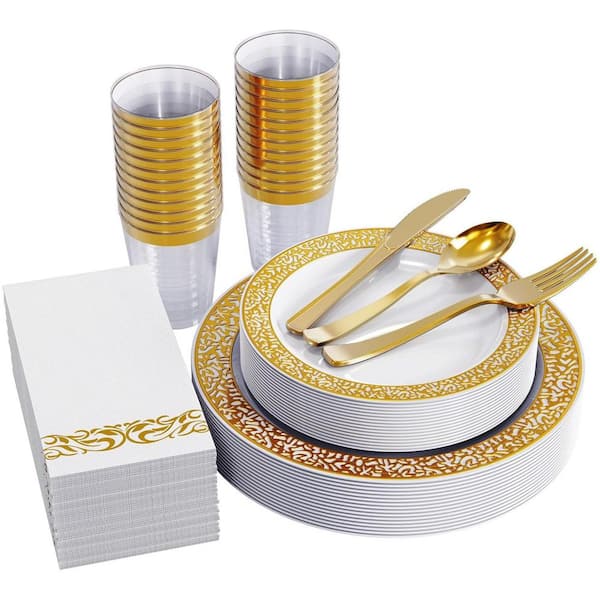 Adrinfly Gold Lace Disposable Dinnerware Set for 25-Guests, 175-Pieces