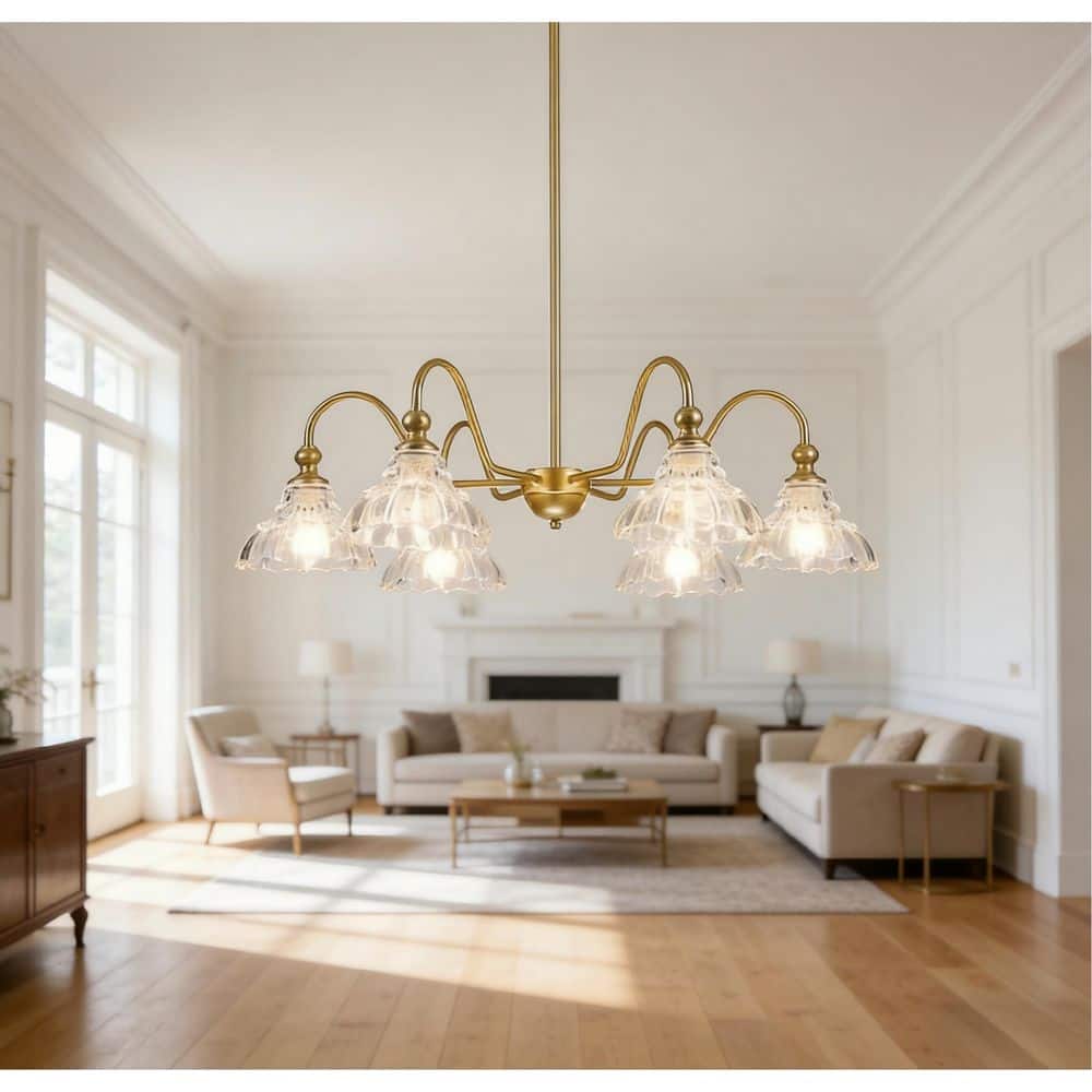 chandelier シェルフ JUSHENG 6-Light Gold Metal Chandelier with Scalloped Clear Glass