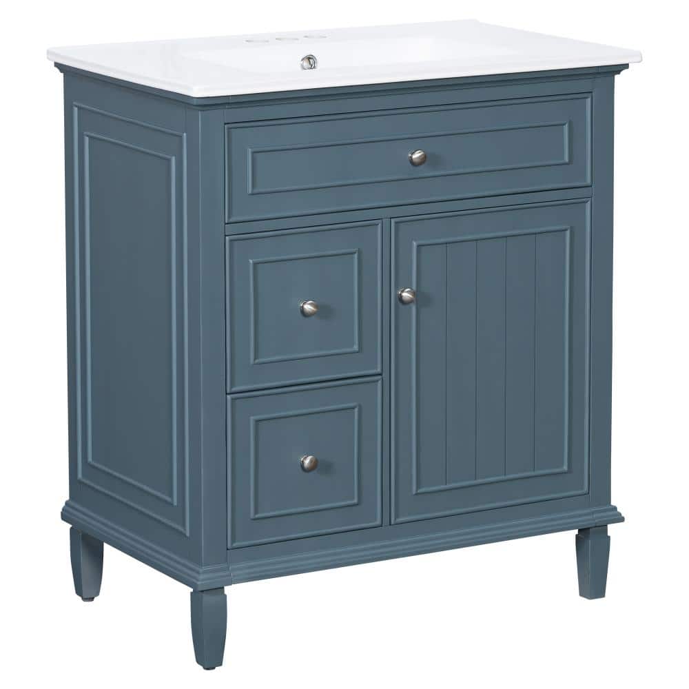 30 in. W Blue Freestanding Bath Vanity with White Ceramic Top Sink,One Flip Drawer and Two Drawers, Adjustable Shelf price history on PriceWatchPro