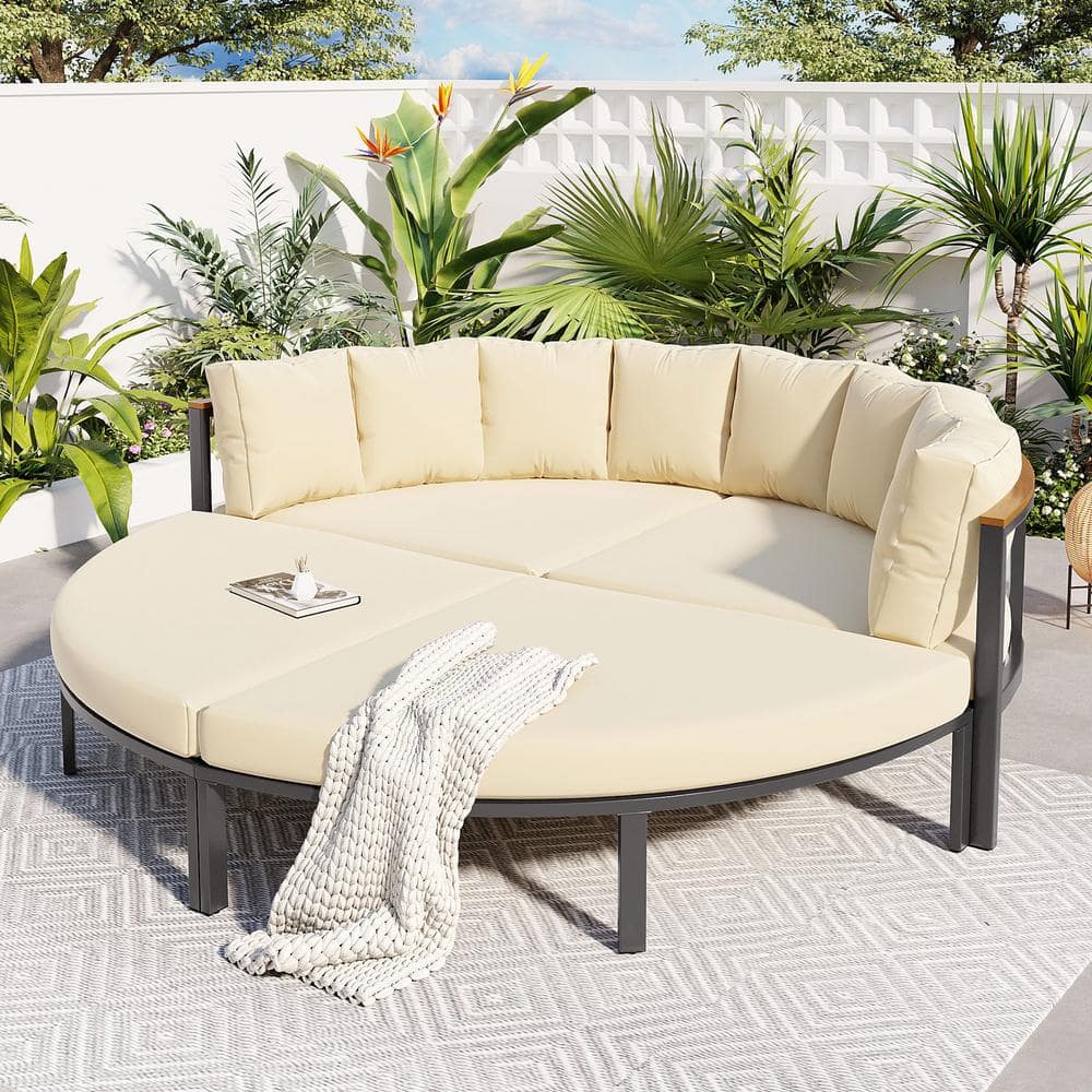 4-Piece Metal Patio Conversation Set, Day Bed with Beige Cushions, Seats 6-