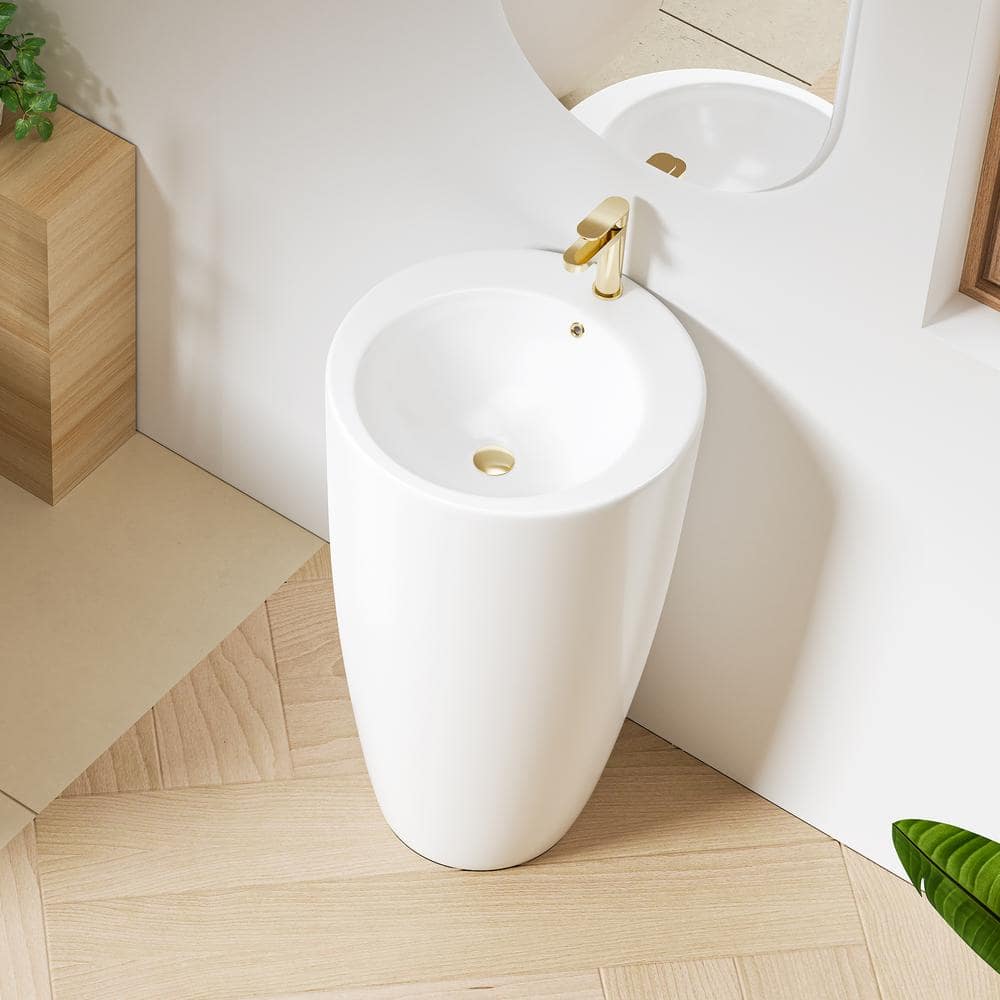 Glossy White Ceramic Round Pedestal Bathroom Sink with Overflow